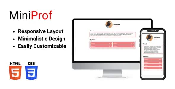MiniProf thumbnail showcasing the template being used on a computer and a smartphone.
